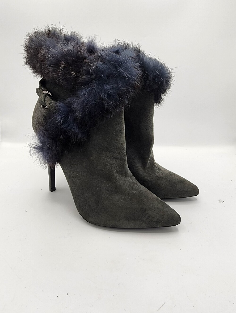 Alice + Olivia Charcoal Suede Pointed-Toe Ankle Boots with Navy Faux Fur Cuff